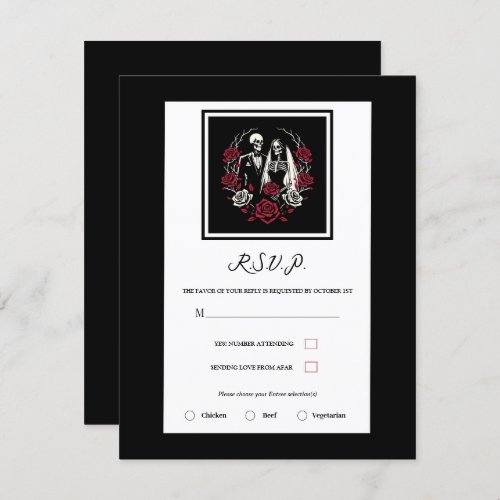 Red  Black White Roses Skeleton Wedding RSVP Invitation