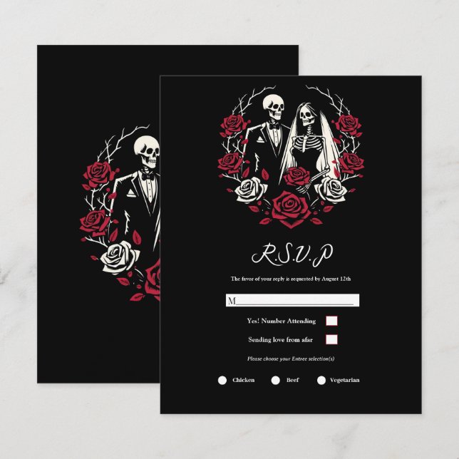 Red & Black White Roses Skeleton Wedding RSVP Invitation (Front/Back)
