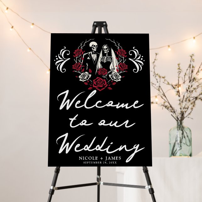 Red & Black White Roses Skeleton Wedding Welcome Foam Board (In Situ (Stand))