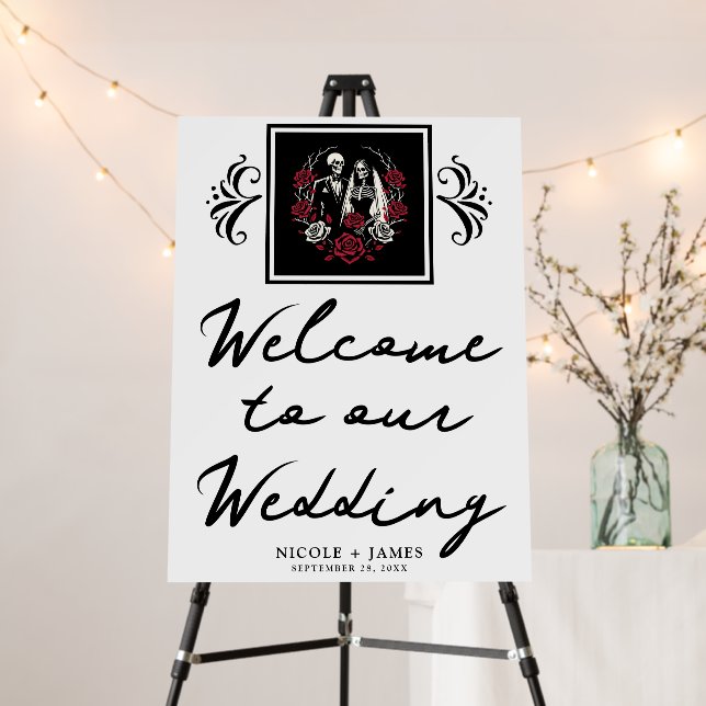 Red & Black White Roses Skeleton Wedding Welcome Foam Board (In Situ (Stand))