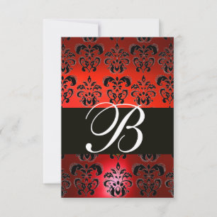RED BLACK WHITE RUBY DAMASK MONOGRAM RSVP CARD