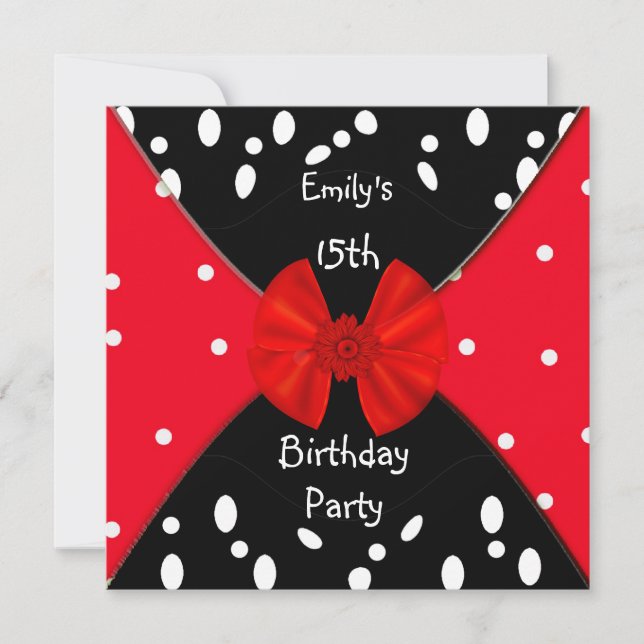 Red Black White Spot Invitation Cute Bow 15th (Front)