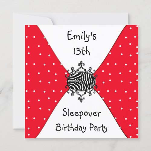 Red Black White Spots 13th Birthday Sleepover Invitation