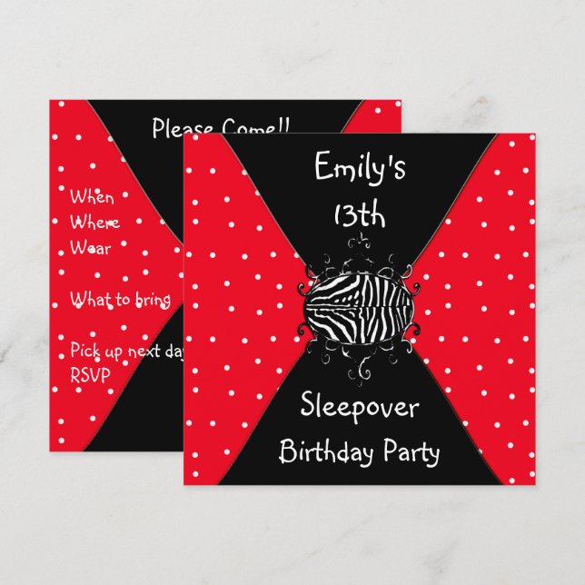 Red Black White Spots 13th Birthday Sleepover Invitation (Front/Back)