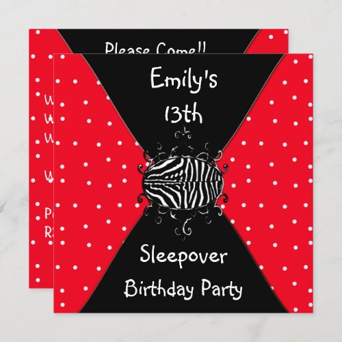 Red Black White Spots 13th Birthday Sleepover Invitation