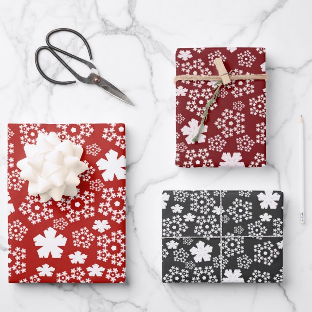 Red, Black & White Star & Snowflake Pattern Wrapping Paper Sheets (Front)