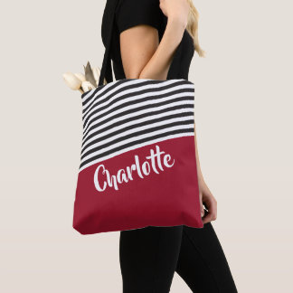 Red Black White Striped Pattern Personalized Name Tote Bag