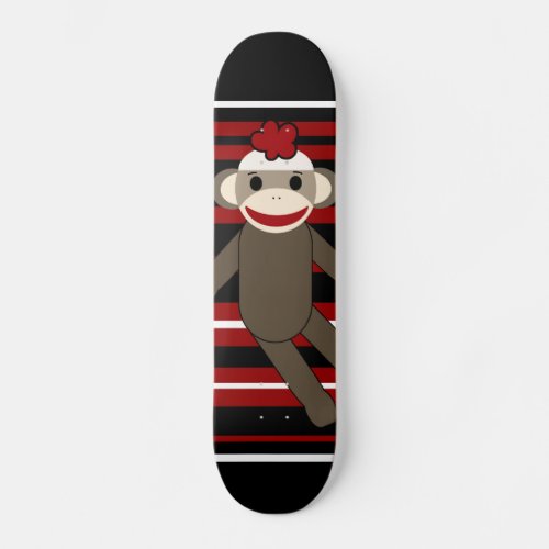 Red Black White Striped Sock Monkey Girl Sitting Skateboard Deck