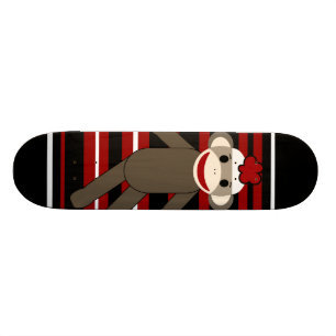 Red Black White Striped Sock Monkey Girl Sitting Skateboard Deck