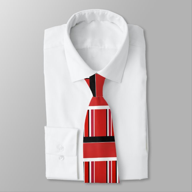 Red Black White Stripes Block Pattern Neck Tie (Tied)