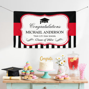 Red Black White Stripes Graduation Party Banner