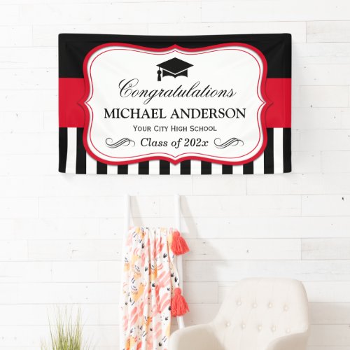 Red Black White Stripes Graduation Party Banner