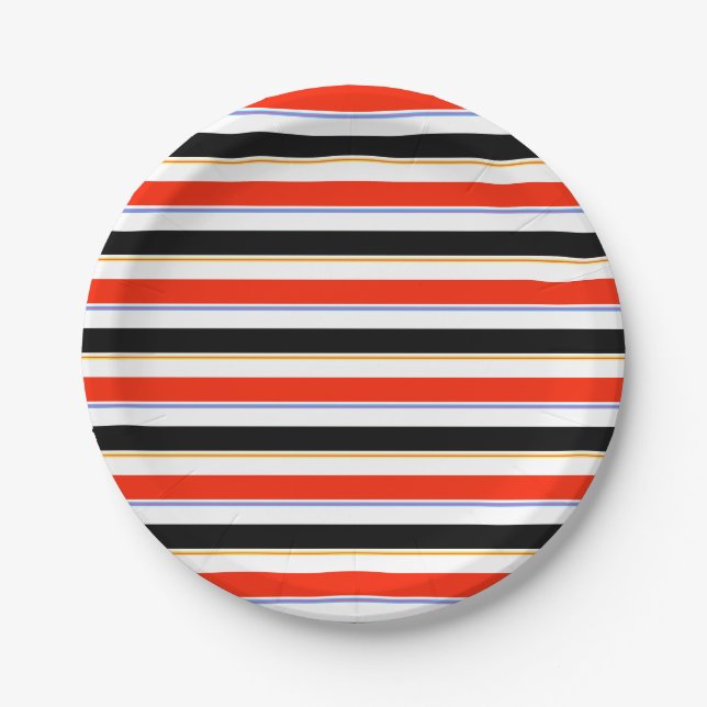 Red Black White Stripes Lines Pattern Design Paper Plates (Front)