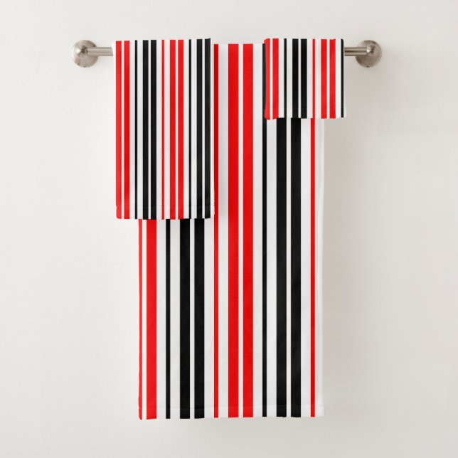 Red Black White Stripes Pattern Design  Bath Towel Set (Insitu)
