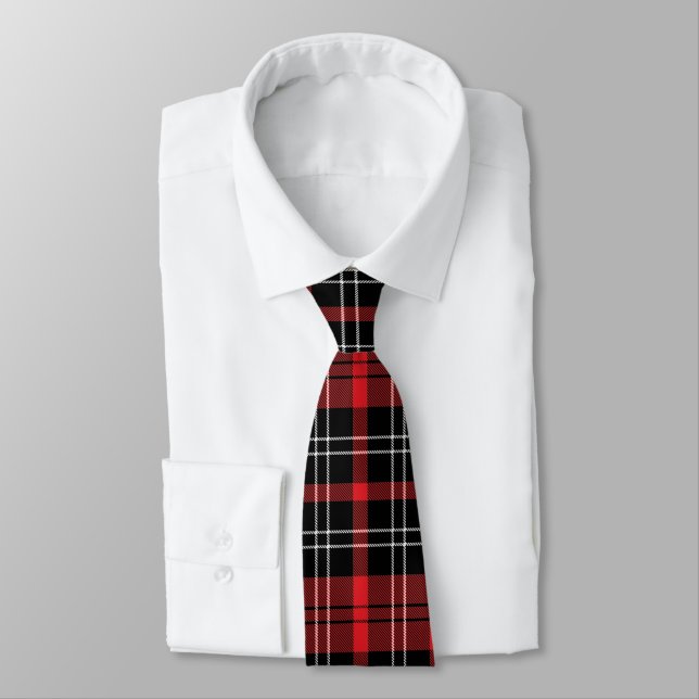 Red Black White Tartan Buffalo Plaid Men's  Neck Tie (Tied)