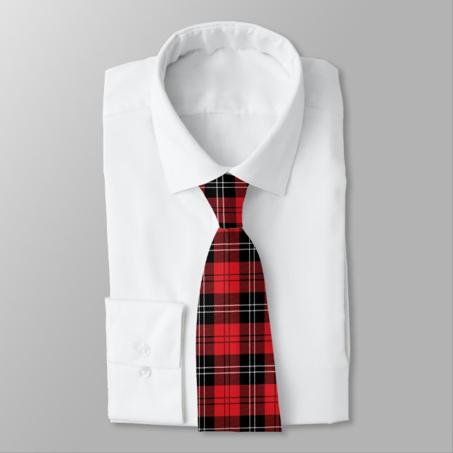 Red Black White Tartan Buffalo Plaid Men's Neck Tie (Tied)