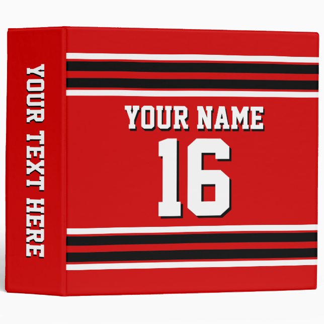 Red Black White Team Jersey Custom Number Name 3 Ring Binder (Front/Spine)