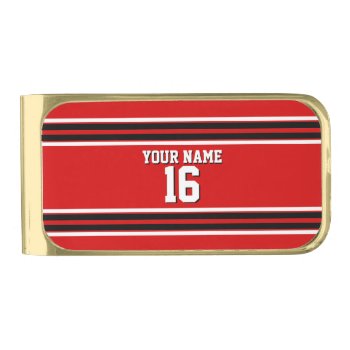 Red Black White Team Jersey Custom Number Name Gold Finish Money Clip by FantabulousSports at Zazzle