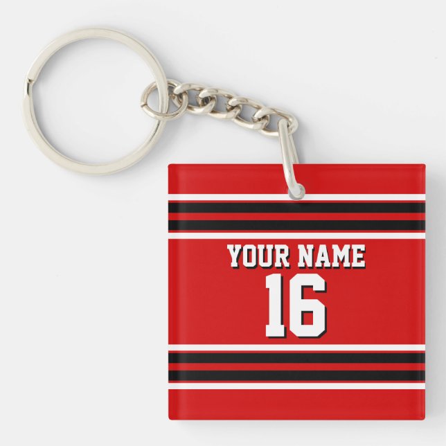 Red Black White Team Jersey Custom Number Name Keychain (Front)