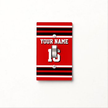 Red Black White Team Jersey Custom Number Name Light Switch Cover by FantabulousSports at Zazzle