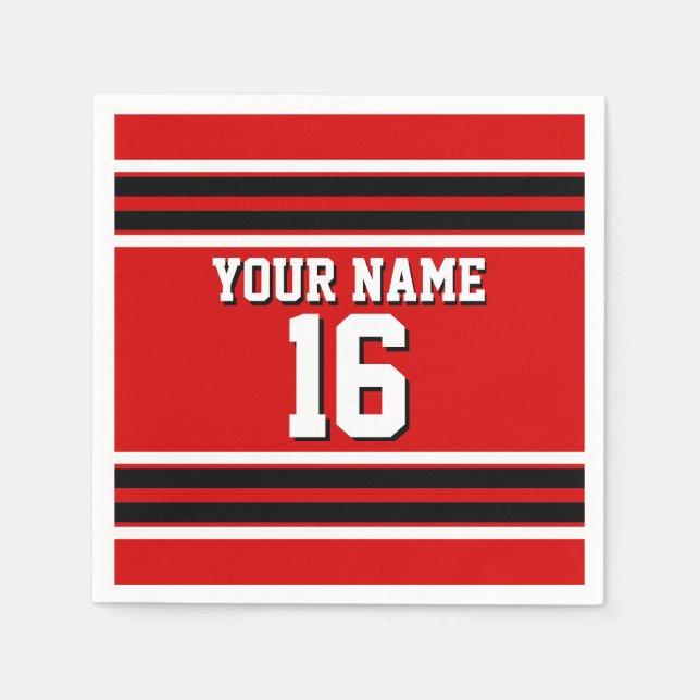Red Black White Team Jersey Custom Number Name Paper Napkins (Front)