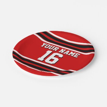 Red Black White Team Jersey Custom Number Name Paper Plates by FantabulousSports at Zazzle