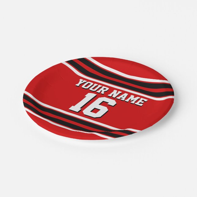 Red Black White Team Jersey Custom Number Name Paper Plates (Angled)