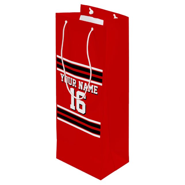 Red Black White Team Jersey Custom Number Name Wine Gift Bag (Back Angled)