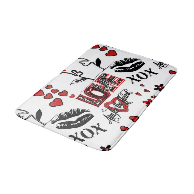 Red Black White Valentine Motif Bathroom Mat (Angled)