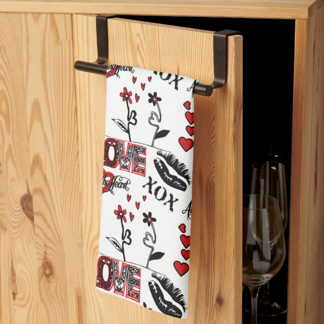 Red Black White Valentine Motif Kitchen Towel (Thirds Fold)