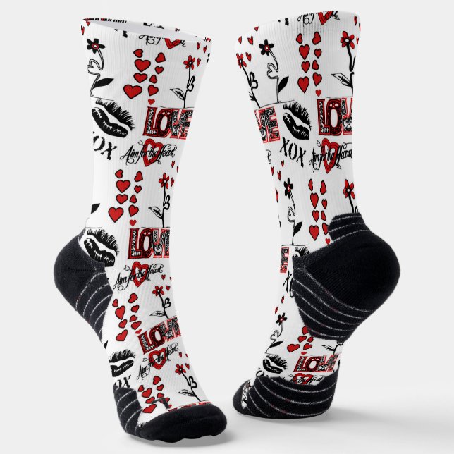 Red Black White Valentine Motif Socks (Angled)