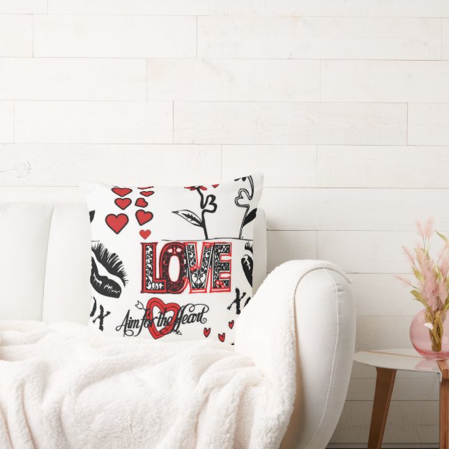 Red Black White Valentine Motif Throw Pillow (Couch)