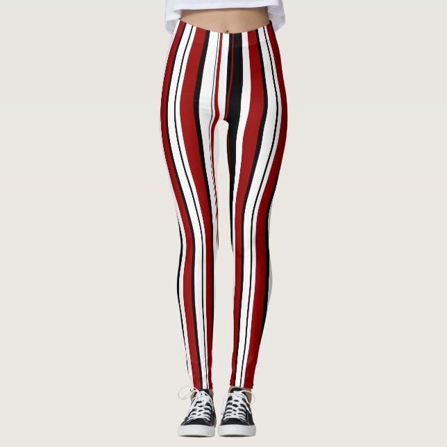 Red Black White Vertical Stripes Leggings (Front)