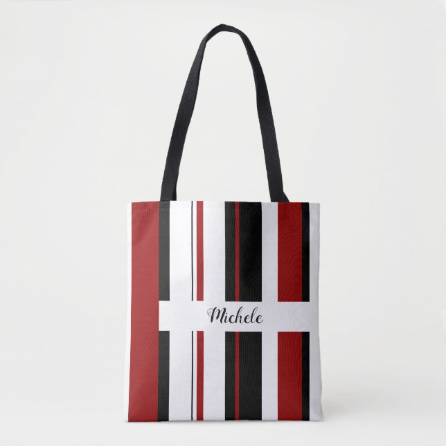 Red Black White Vertical Stripes | Personalize Tote Bag (Front)
