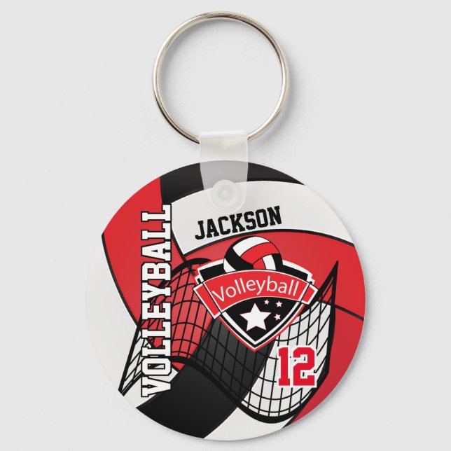 Red, Black & White Volleyball Design Keychain (Front)