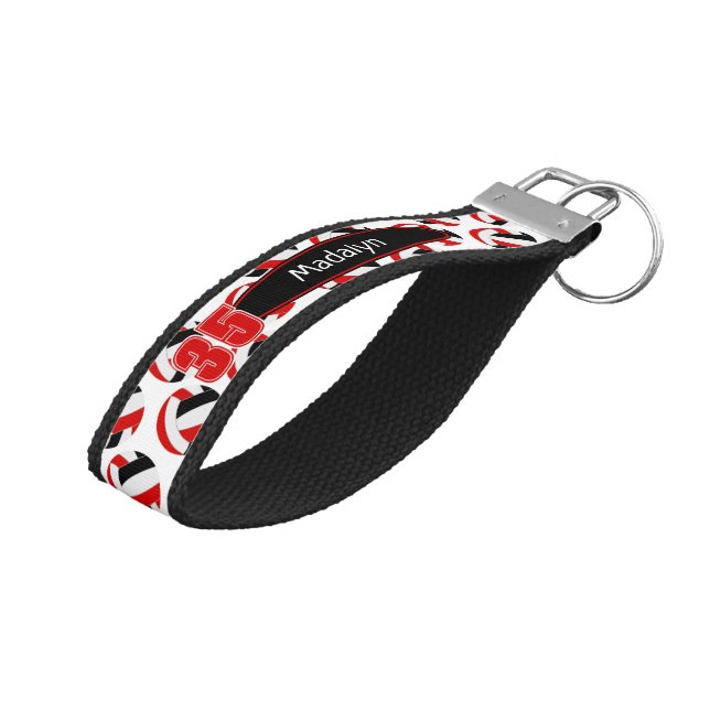 red black white volleyballs pattern athlete name wrist keychain (Angled Up)