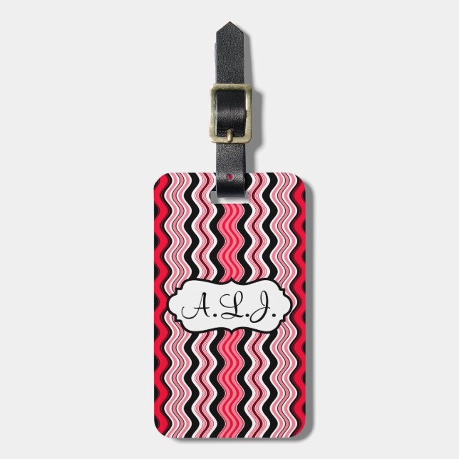 Red, Black, White Wavy Stripes Luggage Tag (Front Vertical)