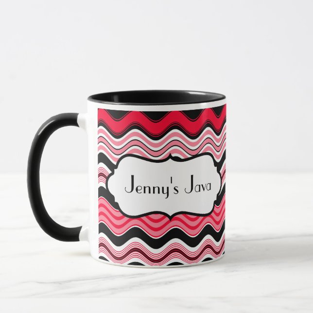 Red, Black, White Wavy Stripes Personalized Mug (Left)
