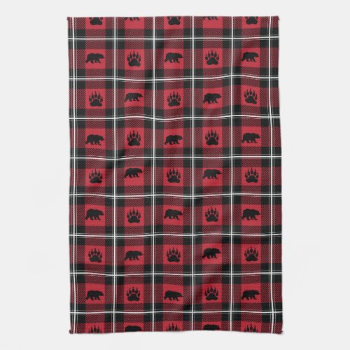 Red Black  White Wild Bear and Paw Flannel Plaid Kitchen Towel