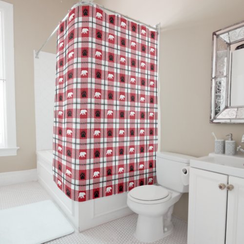 Red Black  White Wild Bear and Paw Plaid Pattern Shower Curtain