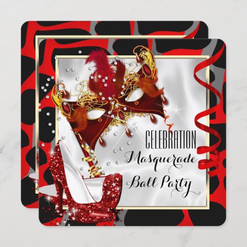 Red Black White Wild Masquerade Ball Party Invitation