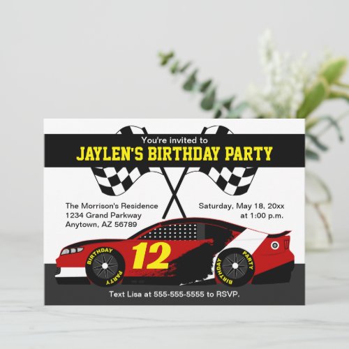 Red Black White Yellow Race Car Birthday Party Card