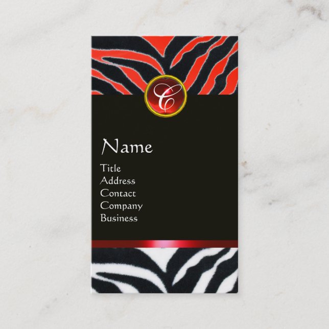 RED BLACK WHITE ZEBRA FUR MONOGRAM,Ruby Business Card (Front)