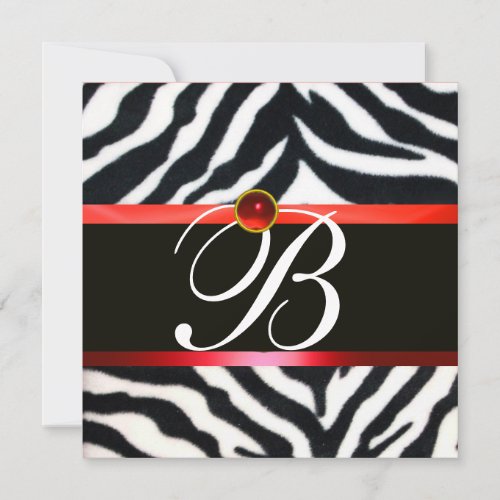 RED BLACK WHITE ZEBRA FUR MONOGRAM ruby gemstone Invitation