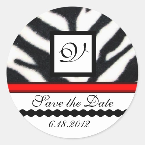 RED BLACK WHITE ZEBRA FUR MONOGRAM Save The Date Classic Round Sticker