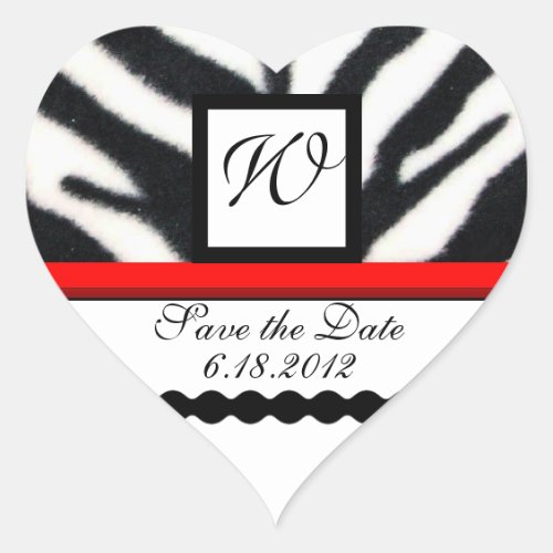 RED BLACK WHITE ZEBRA FUR MONOGRAM Save The Date Heart Sticker