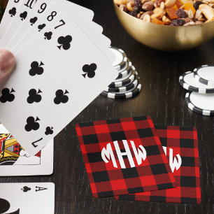 Red Black Wht Circle Monogram Buffalo Plaid DIY BG Poker Cards