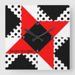 Red/Black Winged Square Numbered Square Wall Clock