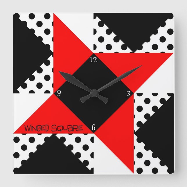 Red/Black Winged Square Numbered Square Wall Clock (Front)
