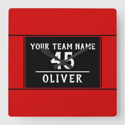 Red Black with Team Name Number Square Wall Clock